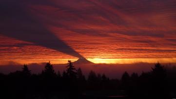 Beautiful photo of Mt Rainier casting an upwards shadow on the underneath of the clouds at sunset
